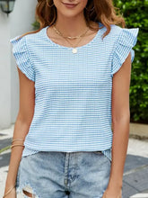 Light blue and white plaid ruffled round neck cap sleeve T-shirt