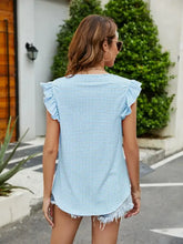 Light blue and white plaid ruffled round neck cap sleeve T-shirt