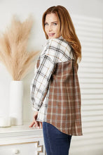 Plaid shirt jacket with brown and white pattern, adjustable hem width