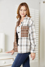 Plaid shirt jacket with brown white pattern adjustable hem width