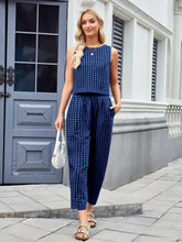 Blue plaid sleeveless pants set with pockets and sandals