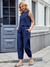 Womens blue gingham plaid sleeveless crop top and cropped pants set
