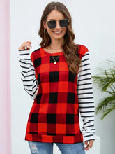 Women’s plaid striped round neck long sleeve t-shirt in red and black