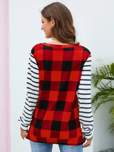 Women’s red black plaid striped round neck long sleeve T-shirt