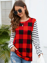 Women’s plaid striped round neck long sleeve T-shirt in red black buffalo plaid