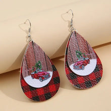 Plaid teardrop earrings with red black buffalo plaid, wood grain, and vintage red truck Christmas tree design