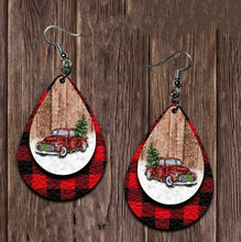Plaid teardrop earrings with leather plaid, red vintage truck and Christmas tree design