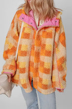 Orange and cream checkered teddy bear coat with pink accents and hood