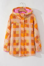 Plaid teddy bear coat with hood, pink accents, orange yellow squares on pink background