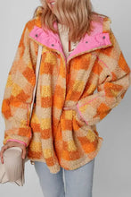Orange and yellow plaid teddy bear coat with pink accents and hood