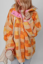 Orange and yellow plaid teddy bear coat with pink accents and hood