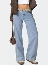 Light-wash denim plaid trim wide leg jeans with relaxed flare and visible stitching details