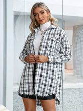 Plaid Tweed Shirt Jacket with Fringed Sleeve Length for Women White