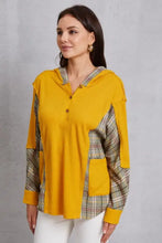 Women’s mustard yellow half button hoodie with plaid patchwork