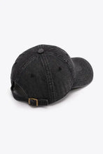 Distressed black denim adjustable baseball cap with bronze buckle