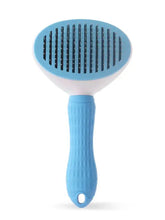 Blue and white slicker brush with retractable bristles for loose fur removal