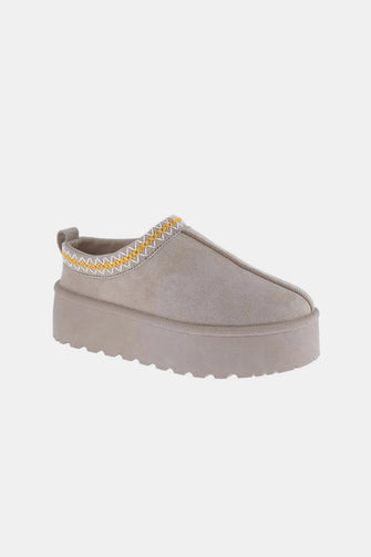 Platform Slip-On Boots with Embroidered Trim for Women Taupe