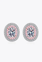Platinum-plated moissanite stud earrings with pink halo in matching box