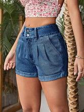 High rise denim shorts with pleated details and cuffed hems