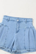Pleated Patchwork Panel Lightweight Denim Shorts Denim Shorts