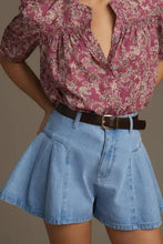 Pleated patchwork panel lightweight denim shorts with paisley top