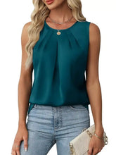 Teal pleated round neck sleeveless blouse with soft flowing fabric and elegant pleated round neckline design