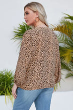 Plus size animal print balloon sleeve V-neck blouse in beige and black