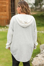 Plus size button up drawstring long sleeve hoodie in light gray cotton blend