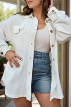Plus size white corduroy jacket with gold buttons and pockets