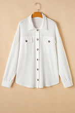 Plus size white corduroy button-up long sleeve jacket with pockets and silver buttons