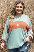 Plus size color block dropped shoulder long-sleeve tunic top in mint green and rust orange