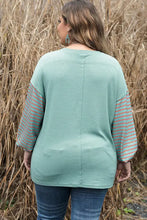 Plus size color block dropped shoulder T-shirt in mint green with long striped balloon sleeves