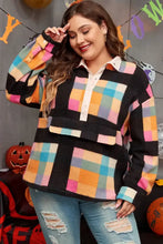 Plus size color block half snap long sleeve sweatshirt with plaid fleece top
