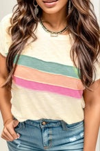 Plus size color block short sleeve t-shirt in cream with teal, peach, pink stripes and denim shorts