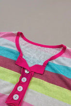 Plus size color block striped henley shirt in multicolored stripes with pink trim