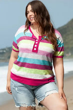 Plus size color block striped henley shirt with distressed denim shorts
