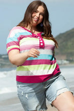 Plus size color block striped henley shirt with distressed denim shorts