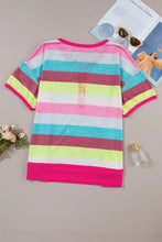 Plus size color block striped Henley T-shirt with round neckline