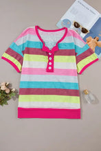 Plus size color block striped henley shirt with pink trim