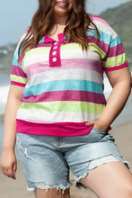 Plus size color block striped henley shirt with distressed denim shorts