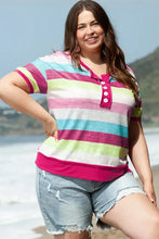 Plus size color block striped henley shirt with distressed denim shorts