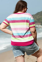 Plus size color block striped Henley shirt with frayed denim shorts