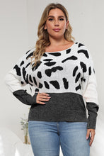 Plus Size Cow Print Color Block Sweater Long Sleeve Pullover Black
