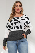 Plus Size Cow Print Color Block Sweater Long Sleeve Pullover