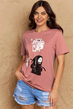 Plus size death graphic short sleeves Simply Love T-shirt with lavender tee and distressed denim shorts