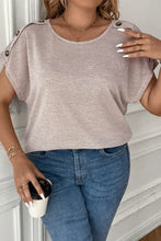 Plus size decorative button round neck short sleeve T-shirt in light grey heather
