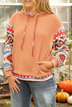 Plus size drawstring geometric long sleeve hoodie in peach waffle-knit