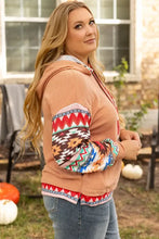 Plus size drawstring geometric long sleeve hoodie with Aztec print
