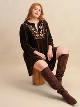 Plus Size Embroidered Notched Balloon Sleeve Mini Dress Casual Dresses