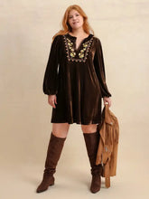 Plus Size Embroidered Notched Balloon Sleeve Mini Dress Casual Dresses